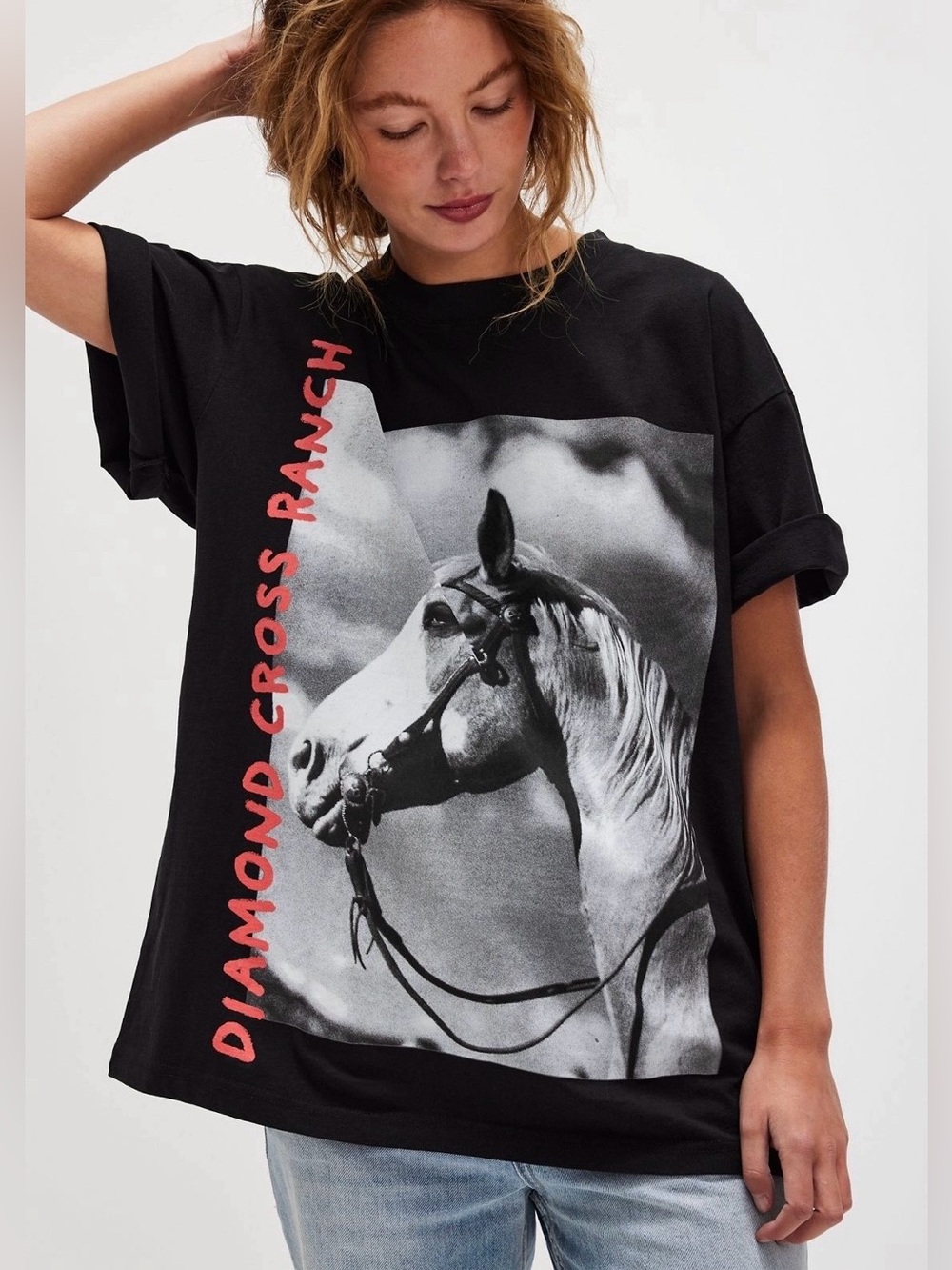 Free People Diamond Cross Ranch Horse Photo Tee Style 96705512 Black size XS